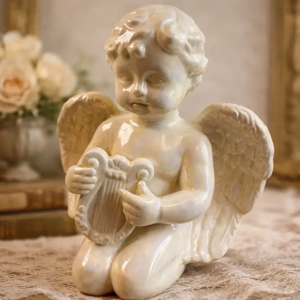 Vintage Iridescent Porcelain Angel Figurine Kneeling Harp 9.5”